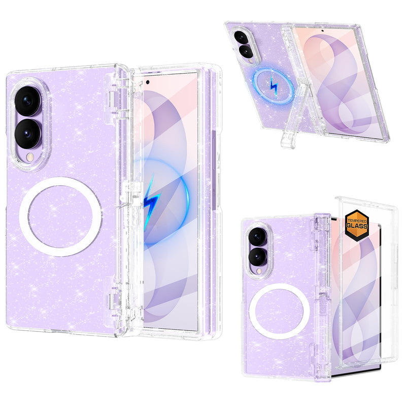 Casetego for Galaxy Z Fold 8 Case Magnetic,[Compatible with MagSafe][Built-in Screen Protector][Kickstand][Hinge Protection] Slim Shockproof Cute Women Girl Case for Samsung Z Fold,AllGlitter Hot Clear-Stand