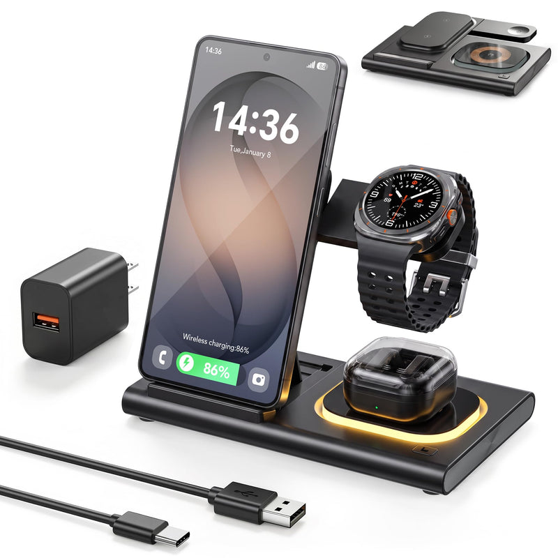 3 in 1 Charging Station for Samsung Charger, Foldable & Night Lamp | Wireless Charger for Samsung S26/Galaxy Watch Ultra/8/7/Galaxy Buds4,Tidy Desktop,Rotatable Watch Part,Not for Watch 9/Ultra2 Black