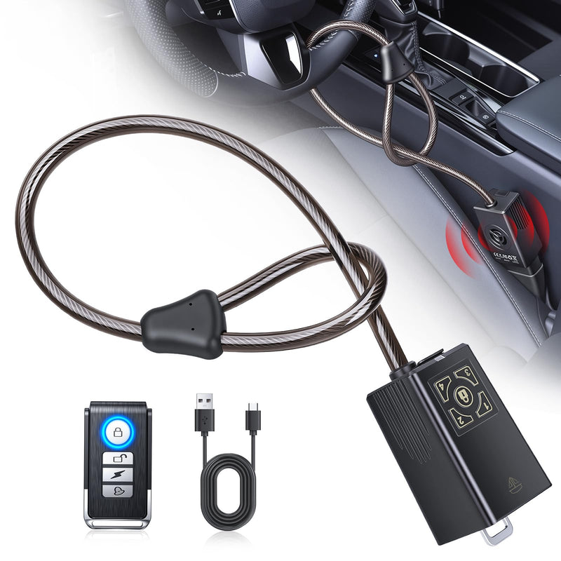 Remote Control Car Steering Wheel Lock with 120dB Alarm, Car Security Lock | Keyless Anti-Theft Device, Cable-Cut Alert, Vibration Sensor,USB-C Rechargeable, Universal Fit for Car SUV Truck Van