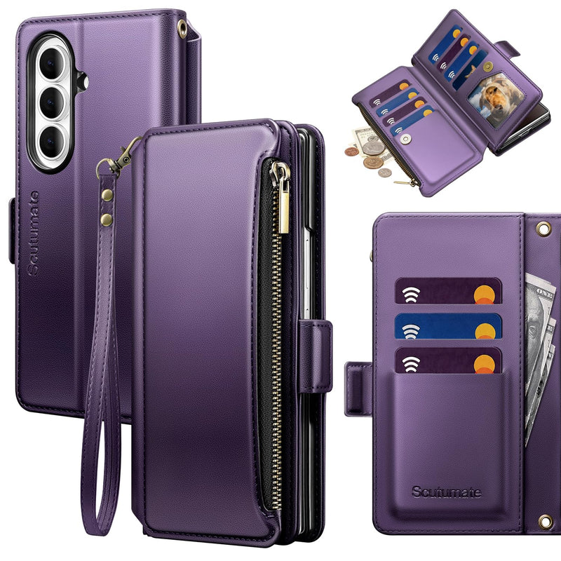 for Samsung Galaxy Z Fold8 Ultra Wallet Case with Card Holder Slots,RFID Blocking PU Leather Flip Folio Kickstand,Wrist Strap Zipper，Women & Men Phone Cover Case for Fold 8 Ultra,Purple Purple Samsung Galaxy Z Fold 8 Ultra