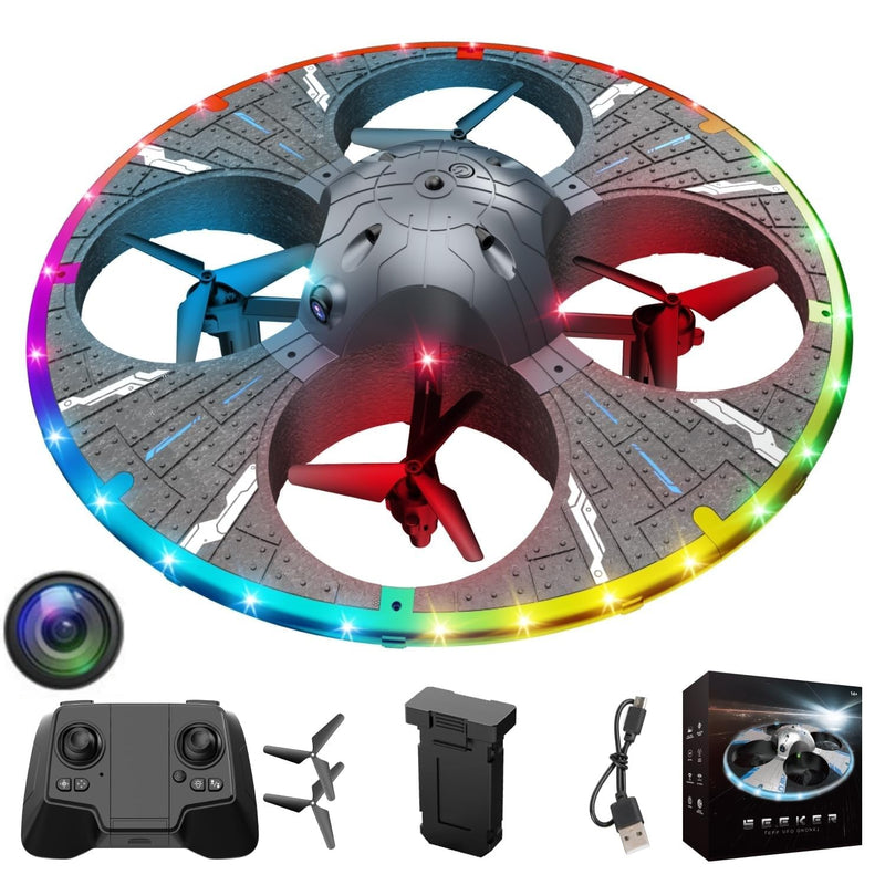 FPV Quadcopter Aircraft, Round Foam RC UFO Drone Equipped with Camera, Multi-Color Switchable LED Lighting, 360° Stunt Flips & Adjustable Flight Speed, Beginner Oriented RC Air Vehicle, Black