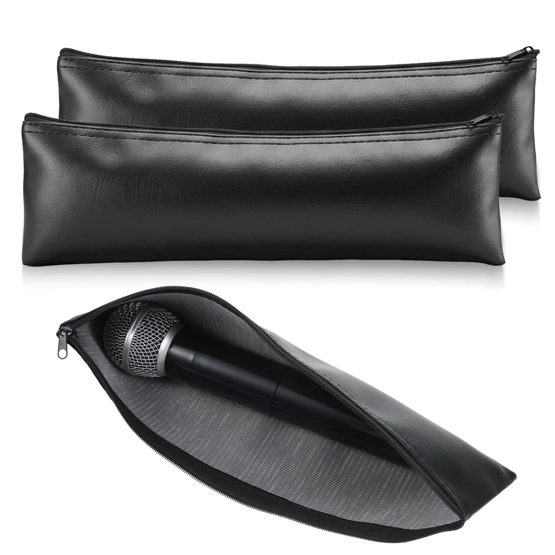 2 Pack Microphone Bags,12"X4" Black PU Leather Microphone Pouch | Portable Microphone Case for Wireless Mic Protector Mic Storage Bag Black Zipper Storage Pouches for Carrying