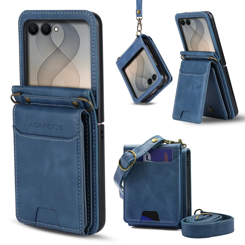 for Samsung Galaxy Z Flip 8 PU Leather Wallet Phone Case with Card Slots (Holds 5-7 Cards), Anti-Drop Protection, Wrist & Shoulder Strap Blue Galaxy Z Flip 8 5G