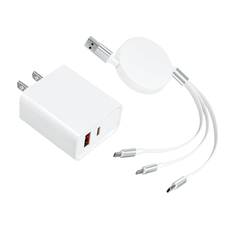 PD 45W USB Dual Port charger with 3-in-1 Retractable Cable | Dual USB-C and USB-A ports for controllers, gaming headsets, USB-C handheld consoles and everyday mobile devices