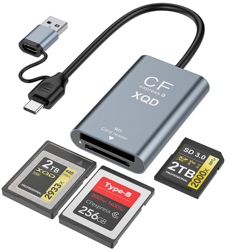 CFexpress Type B & XQD Card Reader with SD, USB C 3.2 Gen 2 10Gbps High Speed Dual Slot Memory Card Reader, Supports SD UHS-II/UHS-I, Aluminum Alloy Grey