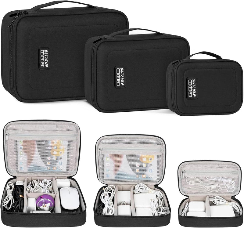 AKOZLIN Cable Organizer Bag, Padded Electronic Organizer Travel Case | Double Layer Cord Organizer Case 3pcs/set, DJ Cable File Accessories Bag with Adjustable Divider, Black