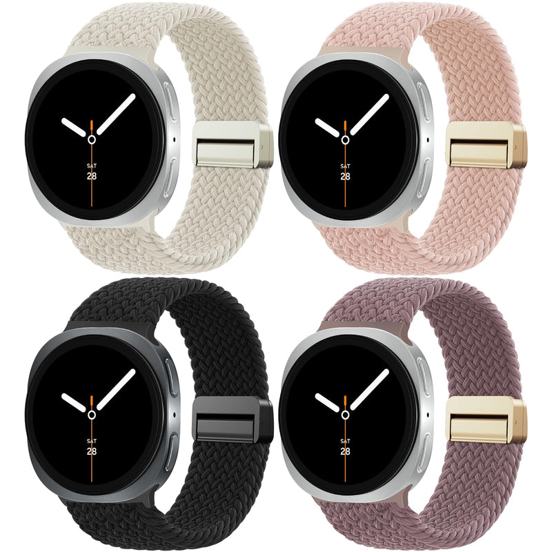 Nylon Bands for Samsung Galaxy Watch 9/8 Band 40 44mm/8 Classic 46mm | 4 Pack Magnetic Braided Wristband for Galaxy Watch 9/8/8 Classic No Gap Strap Accessories for Women Men, Breathable & Soft Black+Starlight+Sandpink+SmokeViolet