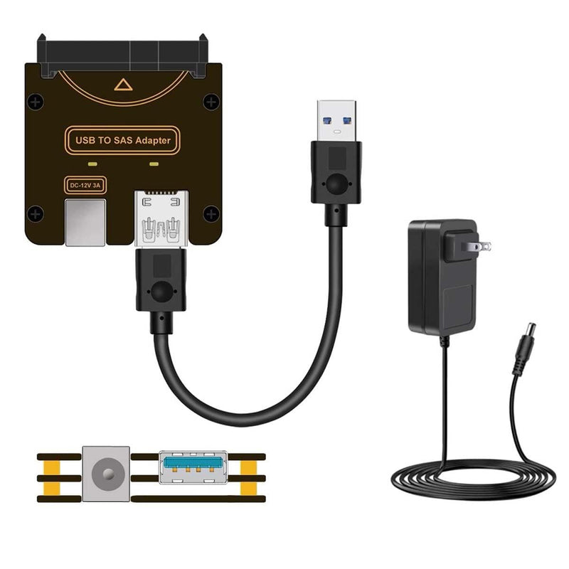 cablecc 29Pin SFF-8482 SAS to USB 3.0 5Gbps Hard Disk Drive Raid Adapter with Chipset and Power Port (Need 12V/3A Power Supply) SFF-8482 to USB3.0 cable with power supply