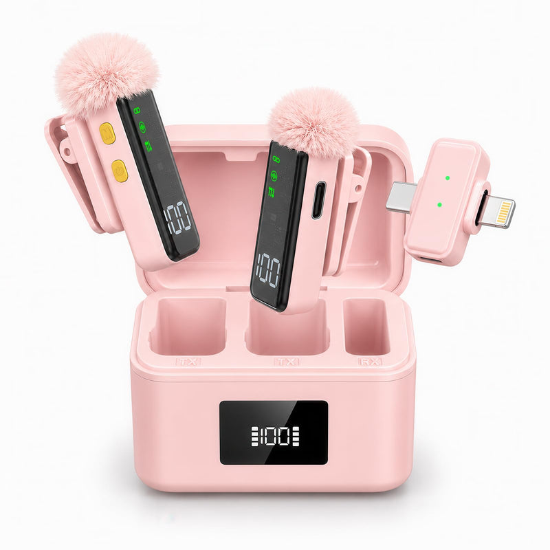 2 Mini Wireless Microphones for iPhone/Android, AI Noise Reduction | Plug & Play, 20H Battery with Charging Case, Portable Clip-On Lavalier Mic for Content Creators, Podcast, Streaming, Vlogging Pink 2