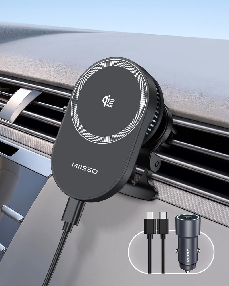 Qi2.2 25W Magnetic Vent Mount Car Charger with TEC Cooling Fan | Strong Magnetic Hold, 360° Adjustable Viewing, Wireless Air Vent Mount with 45W PD Adapter & USB-C Cable, for iPhone 12-17