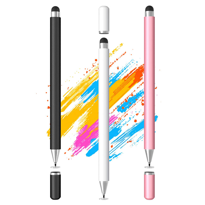 DIGIROOT Stylus Pen for Touchscreen, 2-in-1 Stylist Pens, 3Pcs Stylus | Rubber & Disc Tips, Magnetic Cap, High Sensitivity, Fit for iPad, iPhone, Switch, Android, Galaxy, Tablets, All Touch Screens Black & White & Rosegold