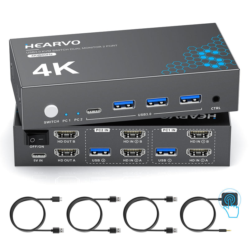 Heravo USB 3.0 HDMI KVM Switch 2 Monitors 2 Computers, 4K@60Hz Dual Monitor | Share Keyboard, Mouse, Hard Drives and Printers via 4-Port USB 3.0 Hub, with EDID, 2 USB Cables, and Controller - S7232H2 Ebony