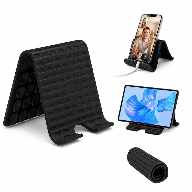 Airplane Phone Holder, Silicone Foldable Phone Stand for Desk and Travel | Bendable Phone Holder for Plane, Desk, Bed and Treadmill Use, Fits Phones and Tablets, with 24 Suction Cups and Charging Port Black