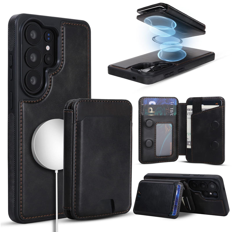 Magnetic Detachable Wallet Case for Samsung Galaxy S23 Ultra with Kickstand,2-in-1 MagSafe Compatible RFID Blocking Card Holder,Slim PU Leather Cover Black