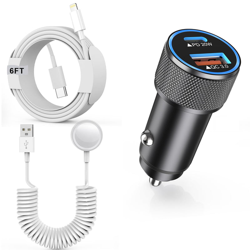 Car Charger for Apple Watch 38W iPhone Car Charger Fast Charging Adapter | Dual Port Charging Adapter(PD&QC3.0)with iWatch Cable,6FT USB C to Lightning Cord for iWatch Series 11/10/9,iPhone 14 13 12