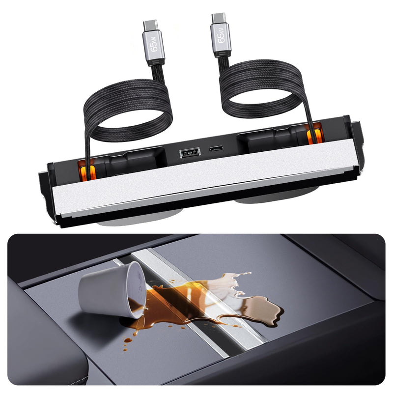 USB Hub for Tesla Model Y Juniper Model 3 Highland Model Y L | Fits 2025-2026 Juniper 2024-2026 Highland Y L, 190W Fast Charging, Dual Retractable Type-C Cables Sliding Cover Console Dock