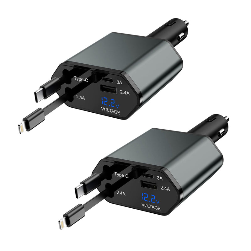 66W 4 in 1 Retractable Car Charger,2Pack Car Charger USB Fast Charge with Dual Retractable USB C Cable and Lightning Cable,USB C Port and USB A Port Charging Compatible with iPhone 17/16/15/14/13/12