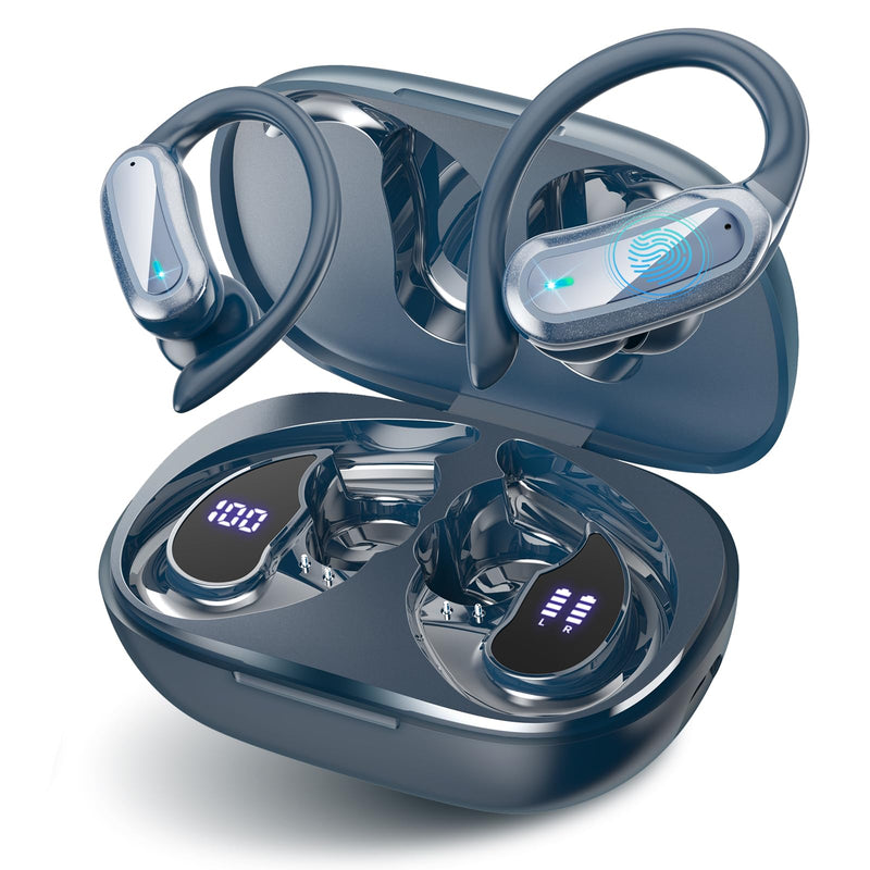 TRAUSI Wireless Earbuds Bluetooth Headphones, 54H Playtime Stereo Over Ear Buds with ENC Noise Cancelling, LED Power Display, IPX7 Waterproof Sport Earphones wih Earhooks for Running/Workouts Blue