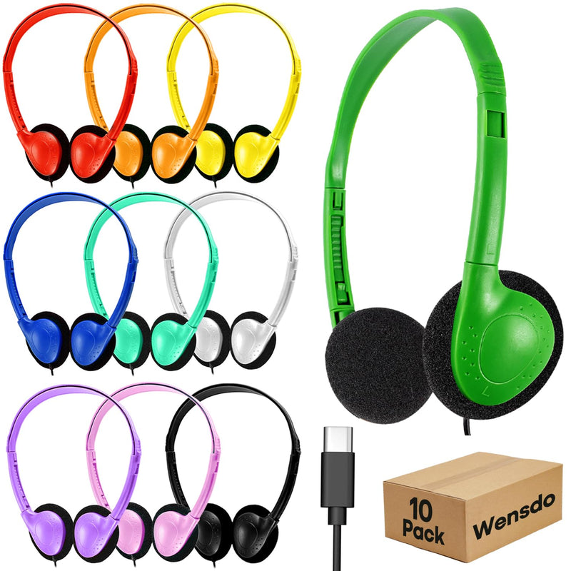 USB C Kids Headphones Bulk for Classroom School 10 Pack, Wired On-Ear Type C Headset for Students Compatible with Chromebook Laptop PC Tablet Smartphones (HY857C, 10 Mixed)