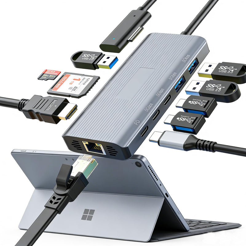 11-in-1 Surface Pro Docking Station, Surface Dock 4K@60HZ HDMI Surface Docking Station for MS Surface Pro 12/11/10/9/8/X/7/6/5/4/3, Surface Laptop 6/5/4/3/2/1, Surface Laptop Go 3/2/1, Surface Book Grey