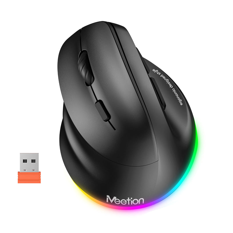 MEETION Left-Handed Ergonomic Mouse, Vertical RGB Wireless Design, Black | Comfortable vertical grip for left-handed users, rechargeable battery, Bluetooth 5.2/3.0, USB-A receiver, 4 DPI settings