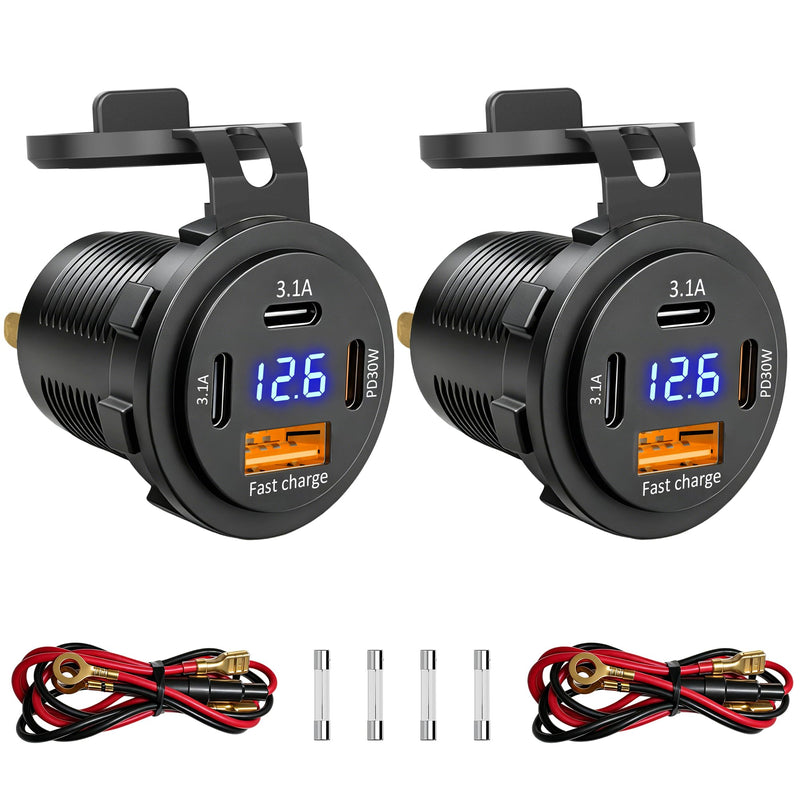 2 PCAK 12V USB Outlet PD Fast Charging, Multi Port Car Charger Socket 12V/24V with Voltmeter, Waterproof USB Cigarette Lighter Replacement for Car Boat Marine RV Golf Cart