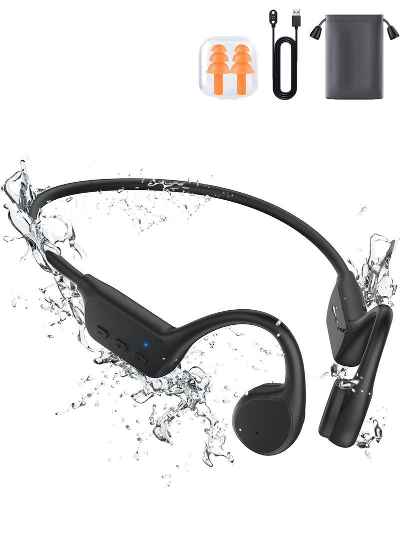 Bone Conduction Swimming Headphones, IPX8 Waterproof Open Ear Bluetooth Headphones with 32GB Built-in MP3 Player, Wireless Sport Headphones for Swimming, Running, Workout, Black