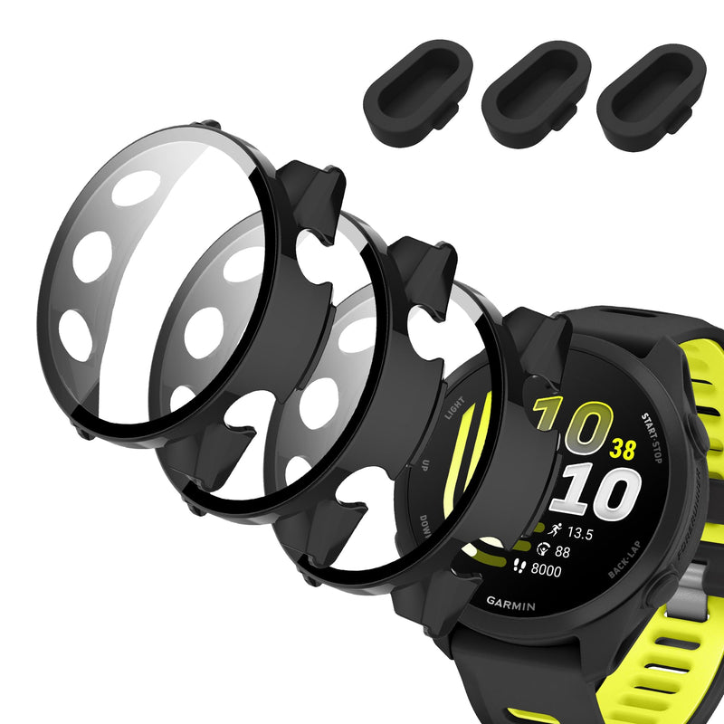 Orzero (3+3 Pack) Watch Case for Garmin Forerunner 70/170/170 Music, PC Frame Face Cover Built-in Tempered Glass Screen Protector & Silicone Dust Plugs, Scratch Resistant Shock Absorbing - Black Garmin Forerunner 170
