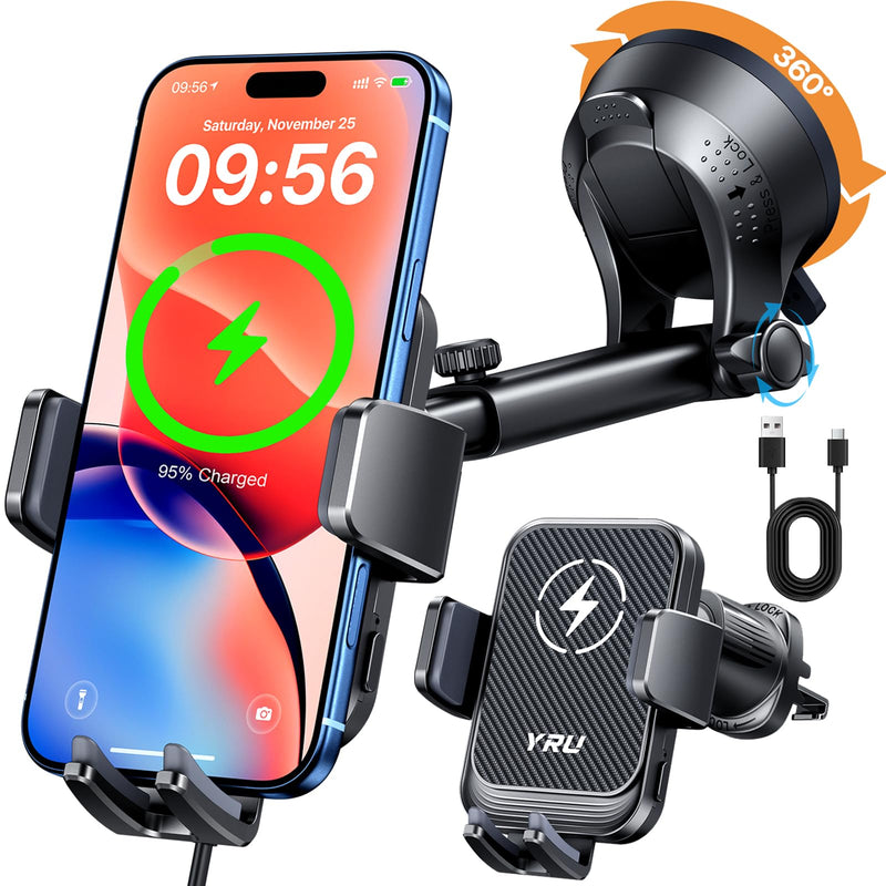 YRU 【Auto-Clamping & 90+LBS Strong Suction 15W Wireless Car Charger Mount | 【Military-Grade & Safety Certs】 Fast Charging Car Phone Holder, Windshield Dashboard Vent Cradle for iPhone 17 16 Pro, Black Dark Black