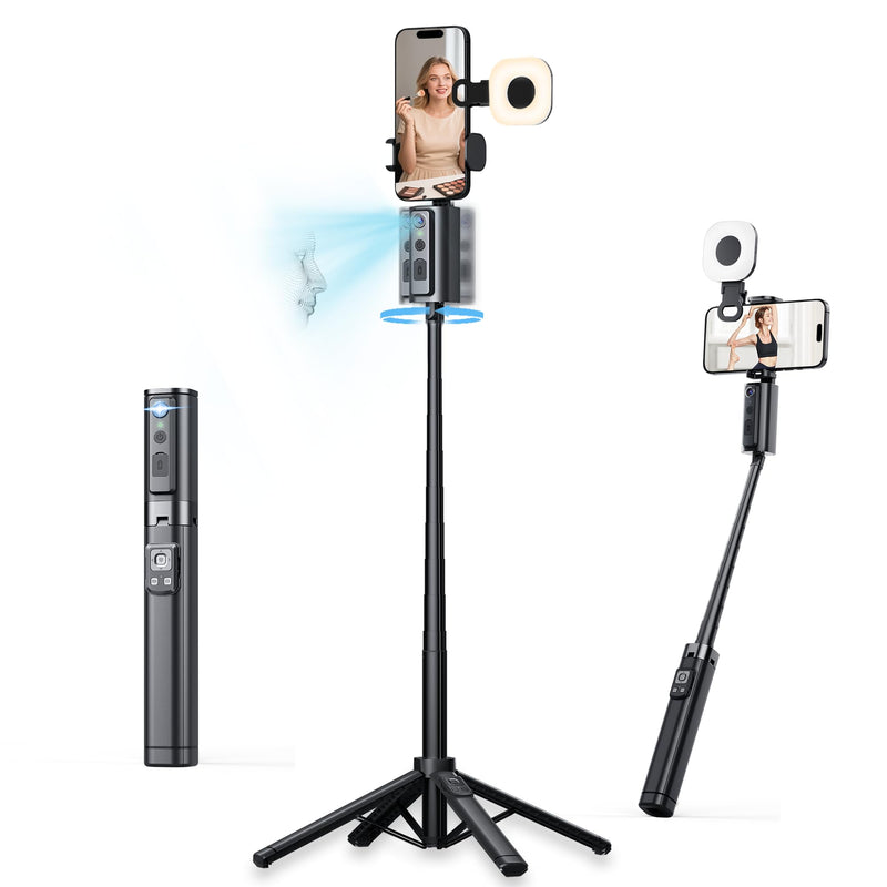 59" Extendable 360° Auto Face Tracking Phone Stand with Remote and Fill Light, No App Needed, Black Tracking Tripod for iOS and Android, Ideal for Content Creators and Video Recording Light+Black