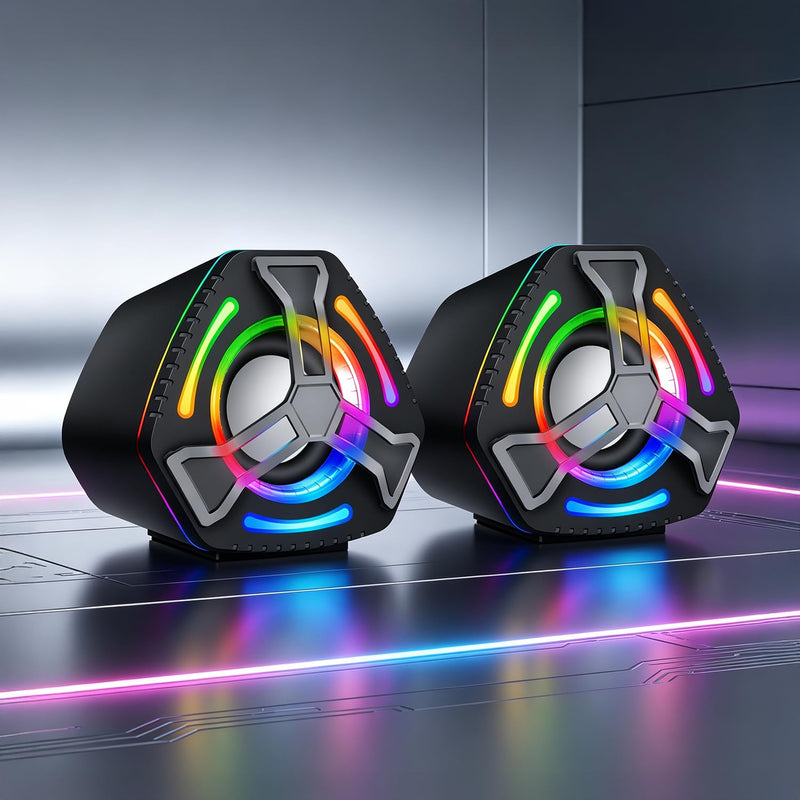 Computer Speakers, 7-Color RGB Lights, Headphone Jack, Enhanced Bass & Volume Control, USB Powered Gaming Speakers for Laptop, Monitor, PC, Tablet and Phone