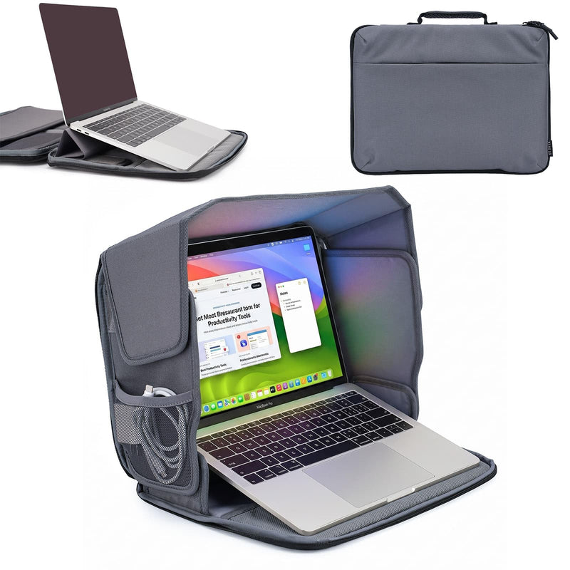 Laptop Sun Shade with Built-in Stand Folds to Computer Sleeve Bag – 600D Oxford Glare Blocking Privacy Hood for 15-16" Laptop, Gray