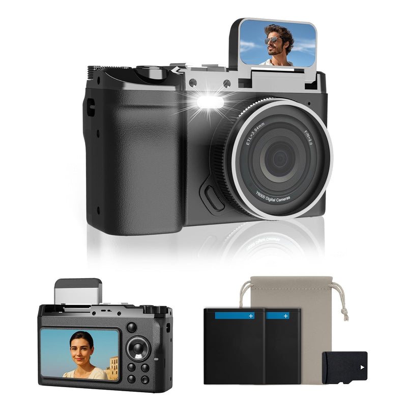 4K Digital Camera for Photography, 64MP Point and Shoot Camera with Dual Screen & 16X Zoom, Retro Vlogging Camera for YouTube, Compact Travel Camera for Travel, Study, Vlog (32GB Card Included) Black