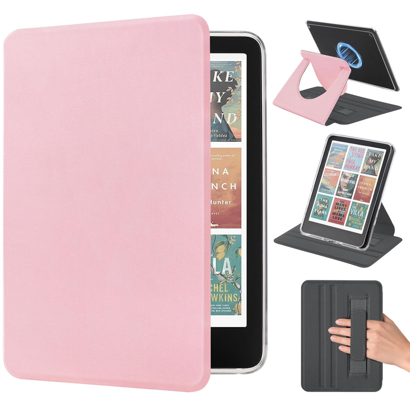 Magnetic Rotating Stand Case for 7'' Kindle Paperwhite & Colorsoft | Magnetic Detachable, Adjustable Stand, Auto Wake/Sleep, Clear PC Case, Soft TPU Edge, Hand Strap, Anti-Slip Grooves, Pink 7" e-book-reader