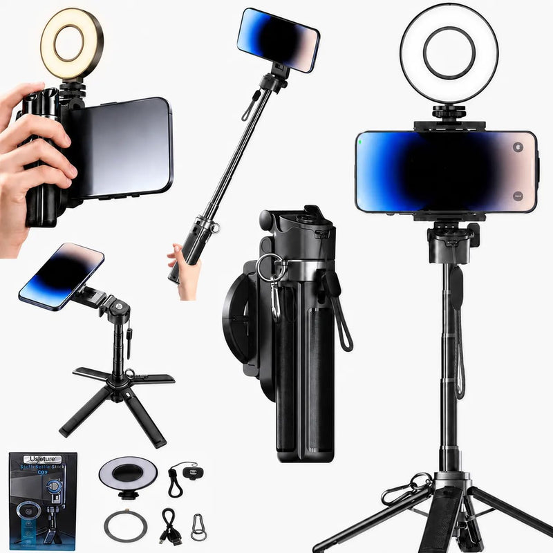 6-in-1 Magnetic Mini 20.5'' Selfie Stick for iPhone with LED Light. Can Converts into Mini Tripod/Phone Camera Grip/Handheld Stabilizer/Phone Stand. Selfie Stick with Rechargable Remote