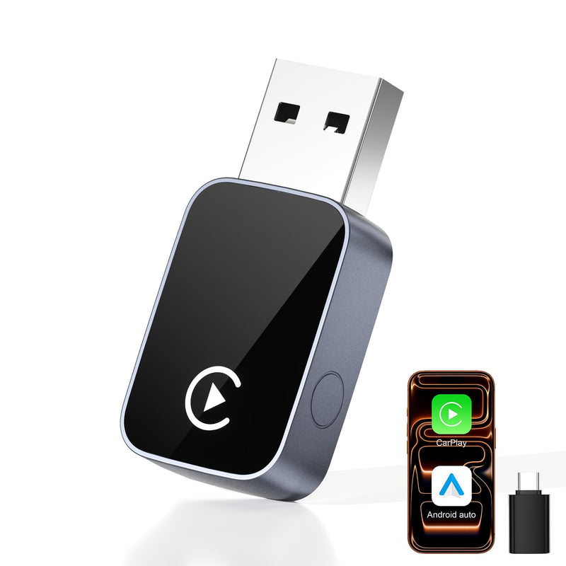 2-in-1 Wireless CarPlay & Android Auto Adapter Bluetooth 5.3 5GHz Wi-Fi | USB A and Type-C convert wired into wireless plug and play, which is suitable for iOS 10+ Android 11+.