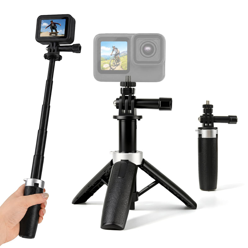 Extenable Small Camera Tripod, Portable Selfie Stick Vlog Handle Grip, Desktop Webcam Tripod with 1/4" Screw for DJI Osmo Action 4/5Pro, Lightweight Travel Tripod