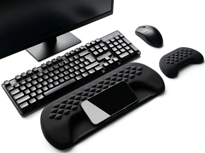 JIKIOU Wrist Rest for Keyboard and Mouse, Soft Memory Foam Wrist Rest Black | Massage Design, Non-Slip PU Base, Built-In Phone Holder & Storage Slot, Ergonomic Slope Design for Easy Typing, Pain Relief