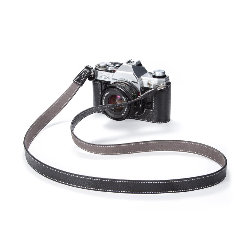 Genuine Vintage Handmade Leather Half Case for Canon AE-1 ae1 AE-1P Retro Protective Cover with Shoulder Strap (Black) Black