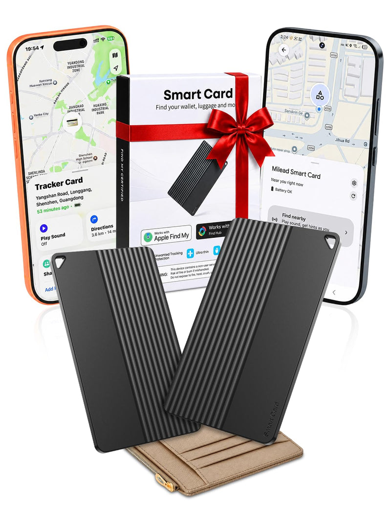 (2 Pack) Wallet Tracker Card (iOS and Android), 5 Years Battery Smart Card | 0.09 Slim Tracking Card Work with Apple Find My & Google Find Hub, GPS Locator for Luggage Passports, Backpack Black 2 Pack