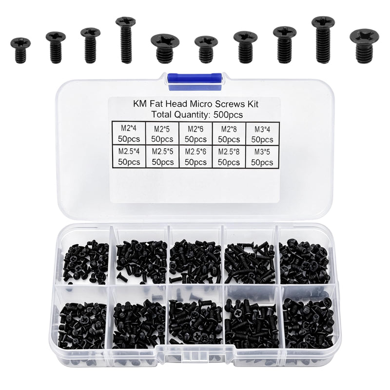 XIHIRCD 500pcs Laptop Repair Screws Kit, 10 Sizes M2 M2.5 M3 Carbon Steel Precision Flat Head Phillips Machine Screws Assortment for SSD Motherboard Notebook & Electronics Repair (Black)