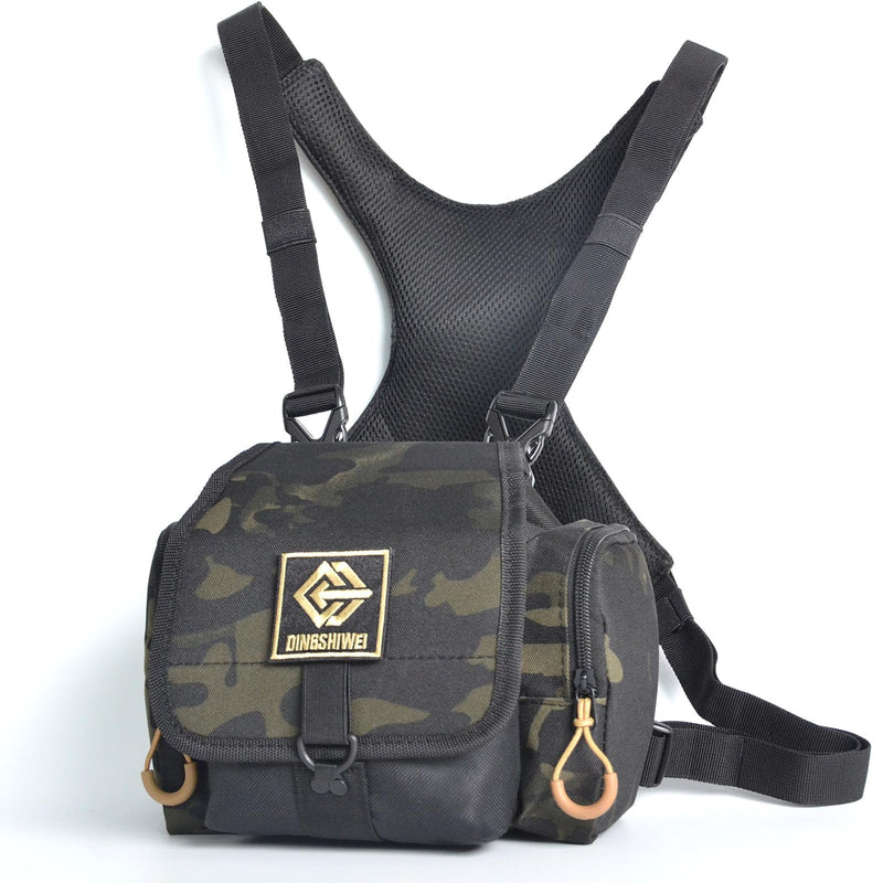 Binocular Chest Pack Camo Hunting Harness with Rangefinder Pouch | Water-resistant camo binocular pack with breathable X-back straps, storage pockets and quick access for hunting & birding