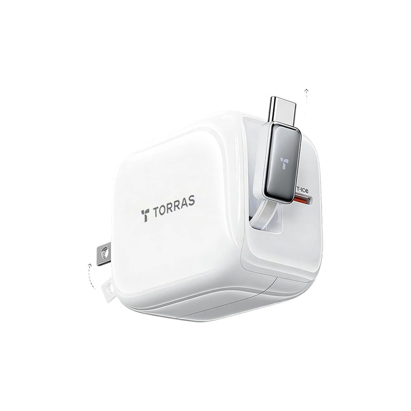TORRAS FlexLine 40W USB C Charger,Dual-Port GaN Retractable Wall Charger | iPhone17/16/15,iPad,Macbook,Galaxy Compatible,Retractable Cable&Foldable Plug,Fast Charging,GaN,Travel and Desk Use