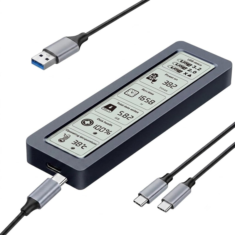 NVMe M.2 SSD Enclosure LCD Smart Health Monitor 10Gbps USB-C Plug&Play Mac PS4