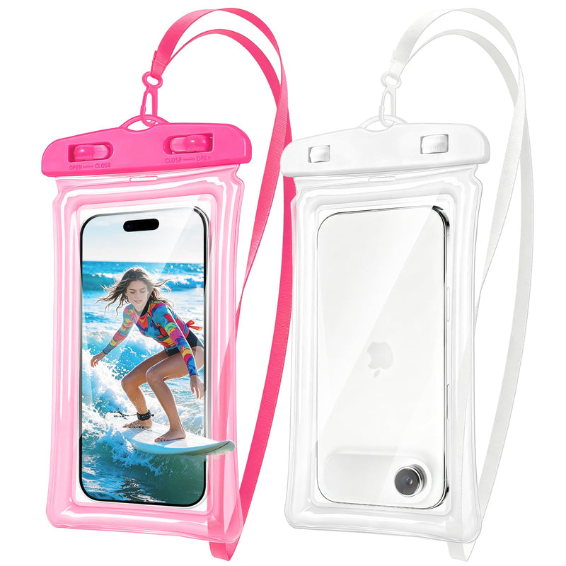 DLseego 2pc PVC Floating Waterproof Phone Pouch with Lanyard (Pink+White) | Universal Case for iPhone 17 16 15 13 Pro Max Up to 7", Beach Cruise for Apple iPhone,Samsung,and More Pink+White