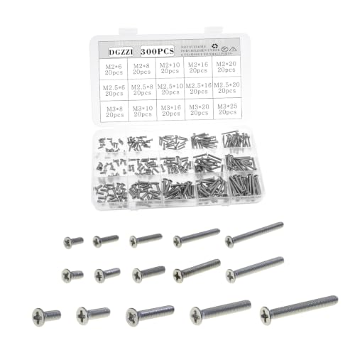 DGZZI 300PCS 304 Stainless Steel Countersunk Screw Set M2/2.5/3 Flat Head Machine Fasteners Suitable for Small Appliances/Furniture/Digital Accessories/Models Assembly