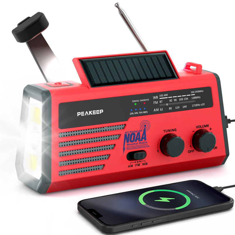 Peakeep NOAA Emergency Weather Radio Alert with Crank Solar Battery Powered | Portable Radio AM FM, Rechargeable Battery Backup, SOS, Flashlight Lamp USB Port for Home Outdoor Camping Storms Blackouts Red with Black