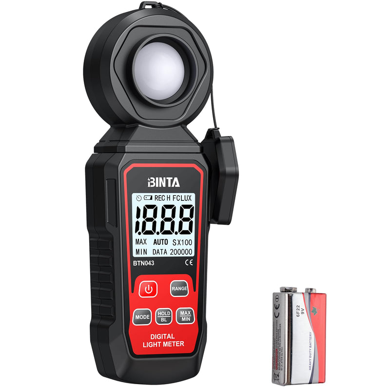 BINTA Handheld Digital Light Meter, Lux FC Illuminance Meter 0~200,000 Lux | 4 Digit Backlit LCD, Rotatable Sensor Max/Min Data Hold Auto Record Tester for Plants Photography Car LED Lights