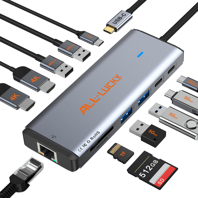 12-in-1 USB C Docking Station with Dual Monitor for Laptops/Desktop/PC | Plug&play-100W PD, Dual 4K HDMI, Ethernet, 4 USB-A(2x3.0,2x2.0), 2 USB-C 3.0, SD/TF, For Mac/Dell/HP/Lenovo/Surface