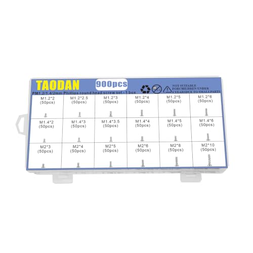 TAODAN 900PCS 1.2/1.4/2mm Carbon Steel Cross Shaped Round Head Screw Set Suitable for Glasses Watches Clock Mobile Phones Computers Tablets and Cameras